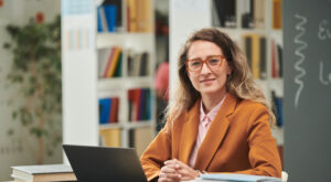 a woman in a library